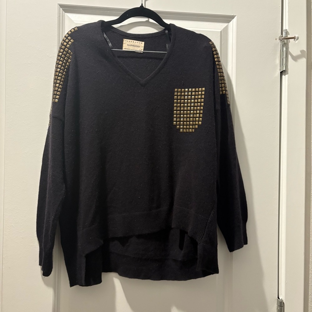 Black V-Neck Sweater with Gold Stud Accents